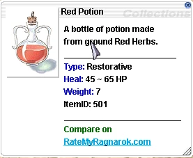 In-game item description showing Compare on RateMyRagnarok.com link