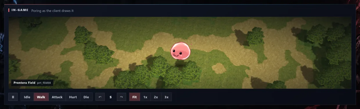The loaded view: the Poring animated on the grass and trees of Prontera Field, with buttons for Idle, Walk, Attack, Hurt and Die, two rotate arrows, and Fit / 1x / 2x / 3x zoom