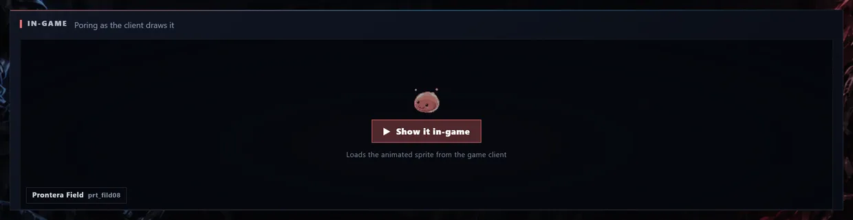 The In-game panel before loading: a still Poring, the label "Prontera Field prt_fild08", and a "Show it in-game" button