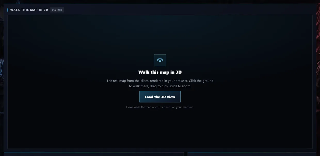 The 3D panel before loading: a "Walk this map in 3D" heading with 0.7 MB beside it, and a "Load the 3D view" button