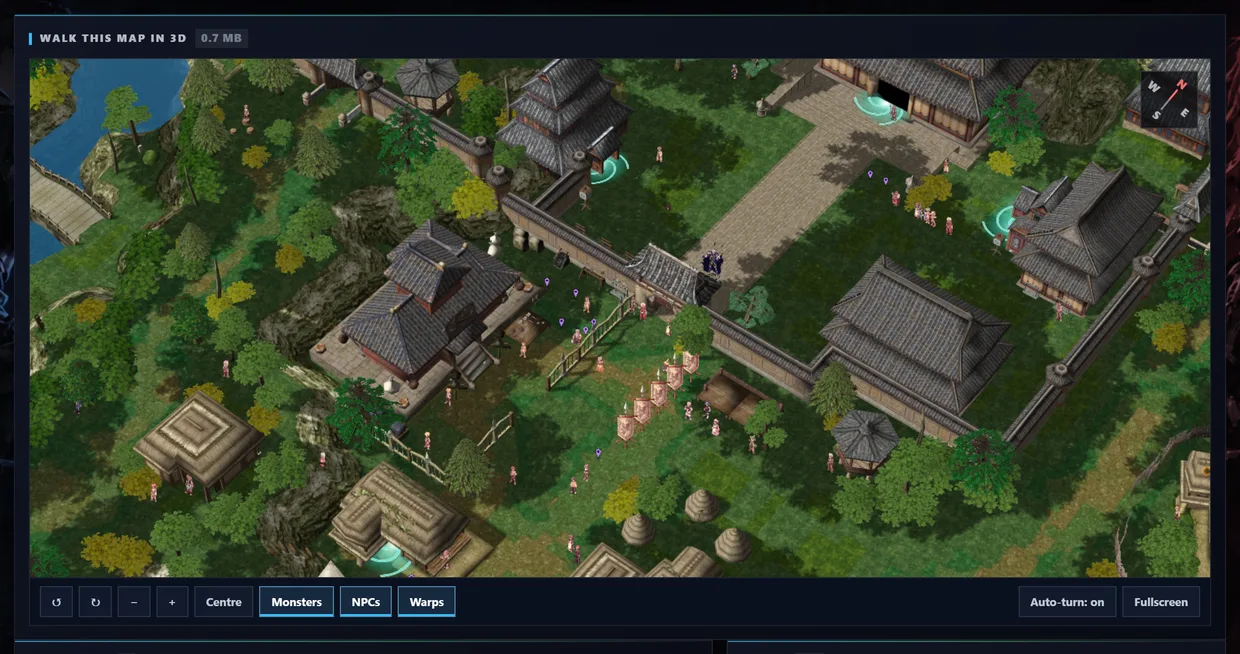 Payon rendered in 3D from above: grey-tiled roofs, trees and rock faces, the river at the top, NPC sprites dotted around, glowing warp portals, a compass in the corner and a row of controls underneath