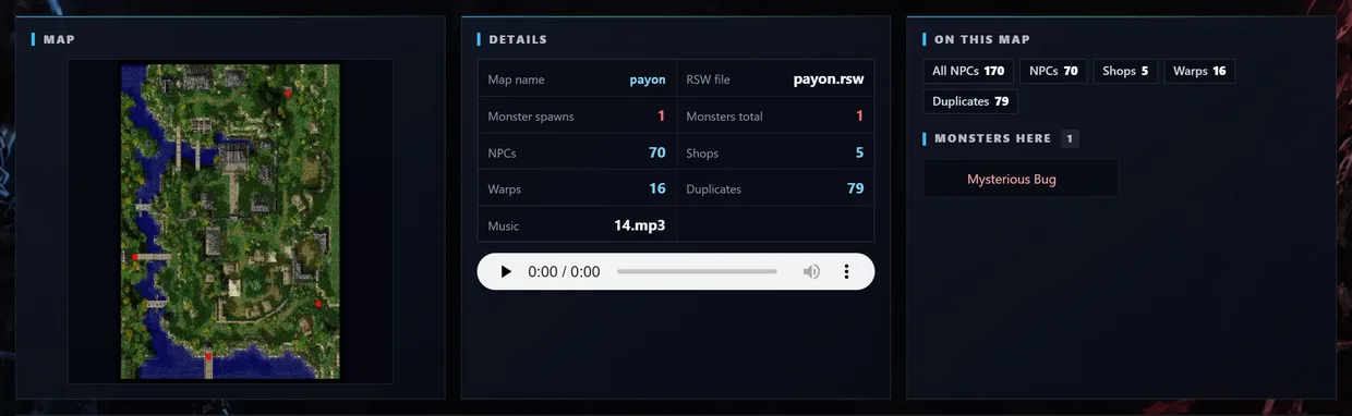 Three panels: the flat map image with warp markers, a Details table, and a list of what is on the map