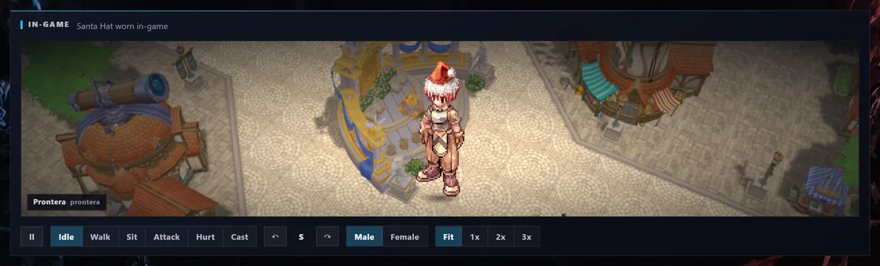 The loaded view: a character standing in Prontera wearing the Santa Hat, with buttons for Idle, Walk, Sit, Attack, Hurt and Cast, rotate arrows, a Male / Female switch and Fit / 1x / 2x / 3x zoom