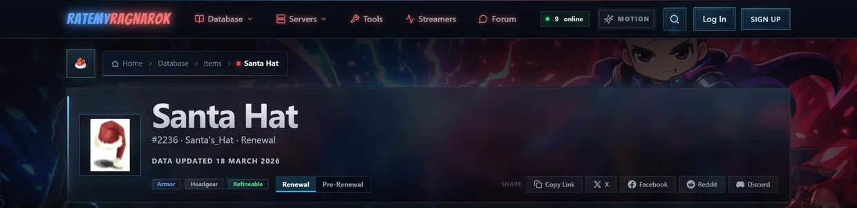 The top of the Santa Hat page: the icon, the name, the ID, the internal name, the date the data was updated and a Renewal / Pre-Renewal switch