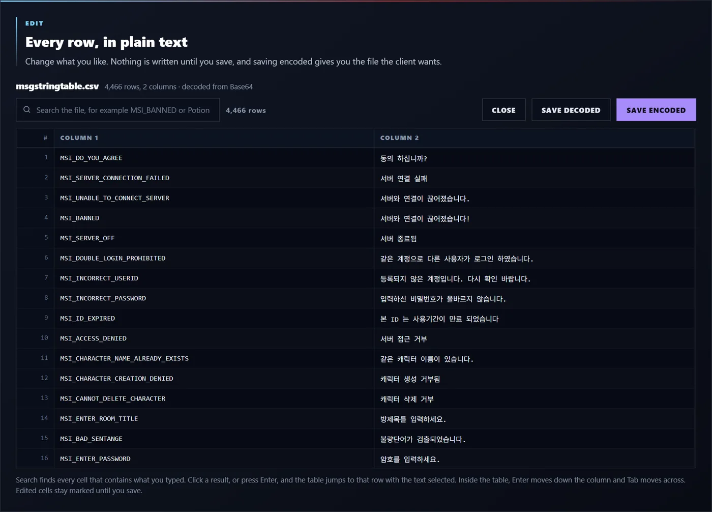 The real client table, decoded